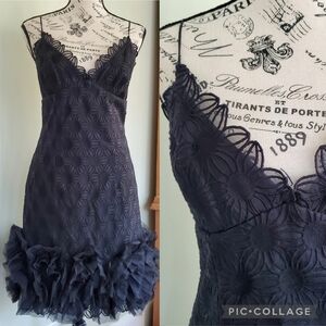 Milly Of New York Silk Cotton Blend Black Floral Lace Cocktail Dress Ruffle Hem